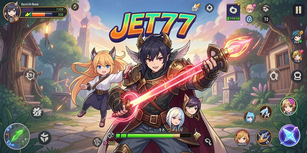 Tampilan gameplay menakjubkan di JET77 dengan karakter anime yang beraksi.