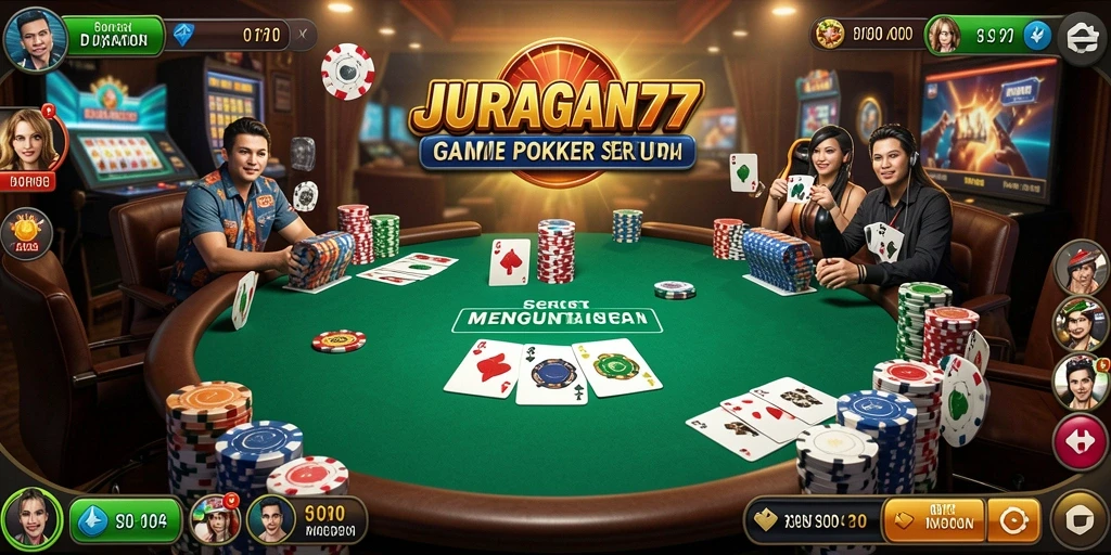 Screenshot permainan JURAGAN77 menunjukkan aksi poker yang seru.