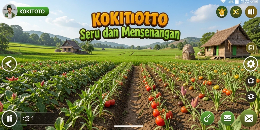 Screenshot gameplay KOKITOTO menampilkan kebun yang subur dan penuh warna.