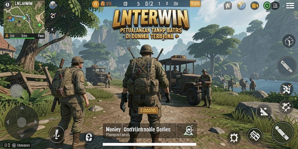 Screenshot utama LNTERWIN menunjukkan aksi seru di dunia terbuka.