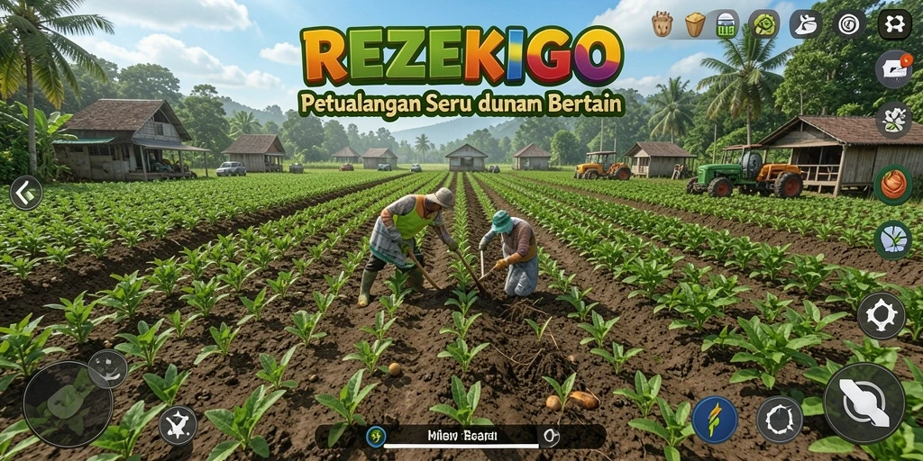 Screenshot utama REZEKIGO menampilkan scene ladang yang indah dan aktivitas bertani.