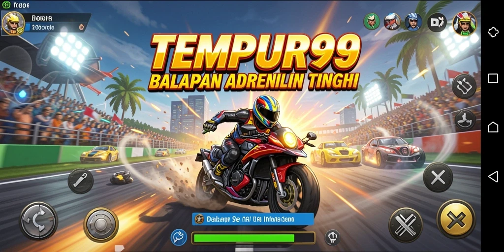 Screenshot utama TEMPUR99 menampilkan aksi balapan yang intens dan seru.